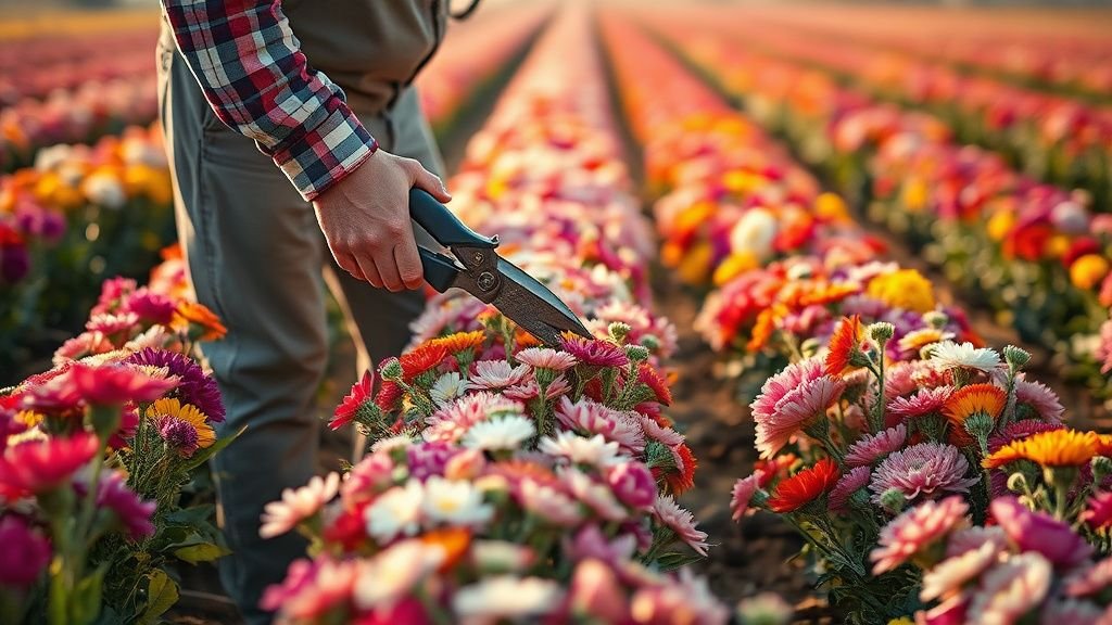 Floricultrice récoltant des fleurs de saison dans un champ à la lumière du matin