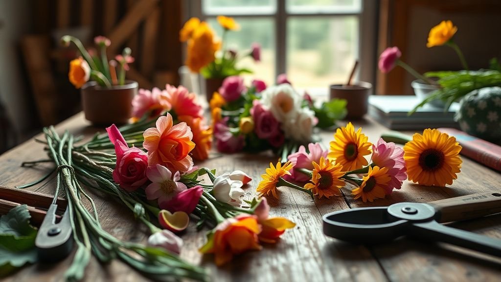 Mains composant un bouquet de fleurs fraîches sur une table en bois sous lumière naturelle