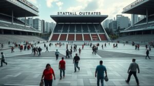 Place rénovée près d’un stade de football dans une grande ville, avec habitants et ambiance urbaine tendue