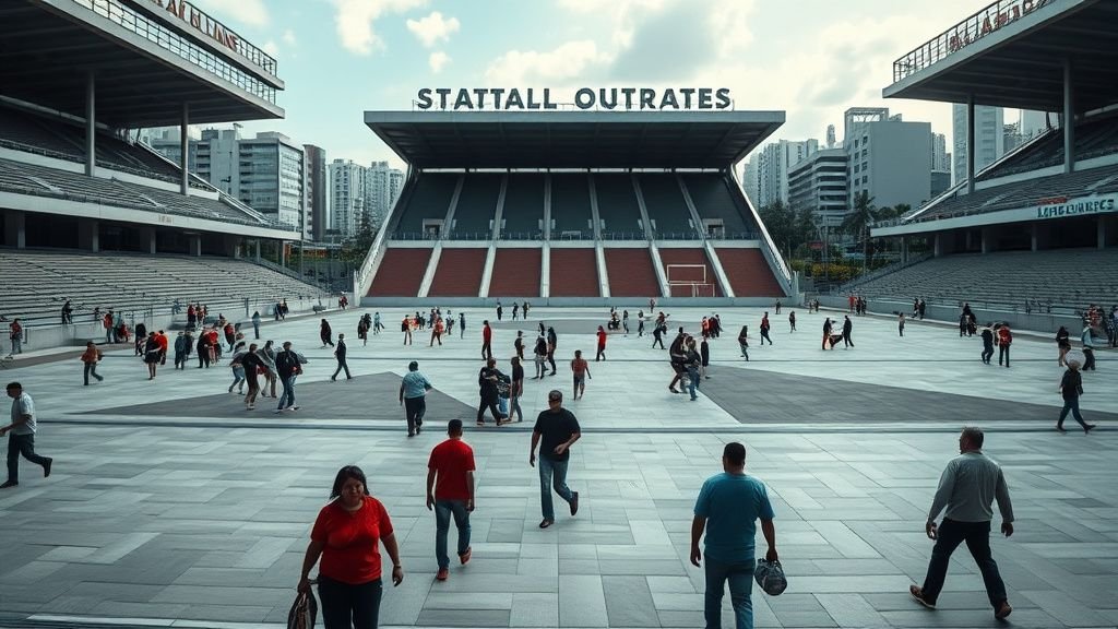 Place rénovée près d’un stade de football dans une grande ville, avec habitants et ambiance urbaine tendue