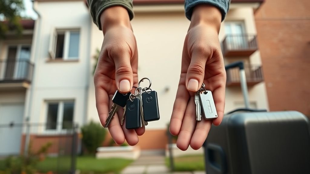 Mains tenant des clés devant un immeuble résidentiel, avec une valise de tourisme en arrière-plan