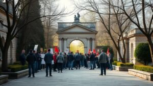 Agents rassemblés devant un jardin botanique parisien lors d’une grève salariale au Muséum