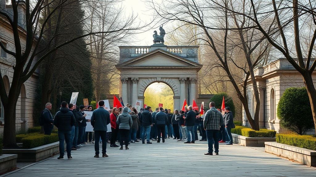 Agents rassemblés devant un jardin botanique parisien lors d’une grève salariale au Muséum