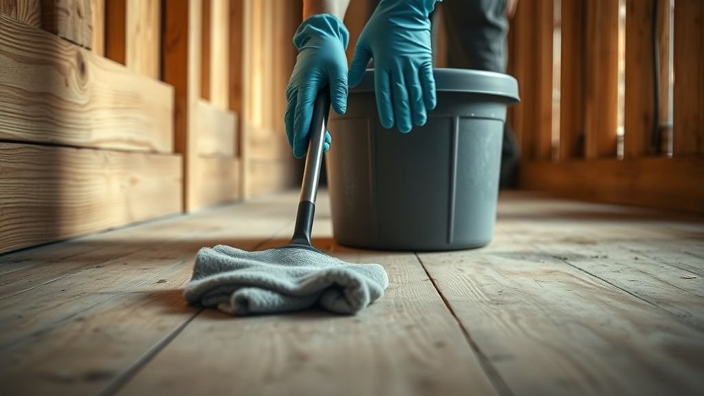 Mains gantées nettoyant un sol poussiéreux dans un espace de rangement en bois