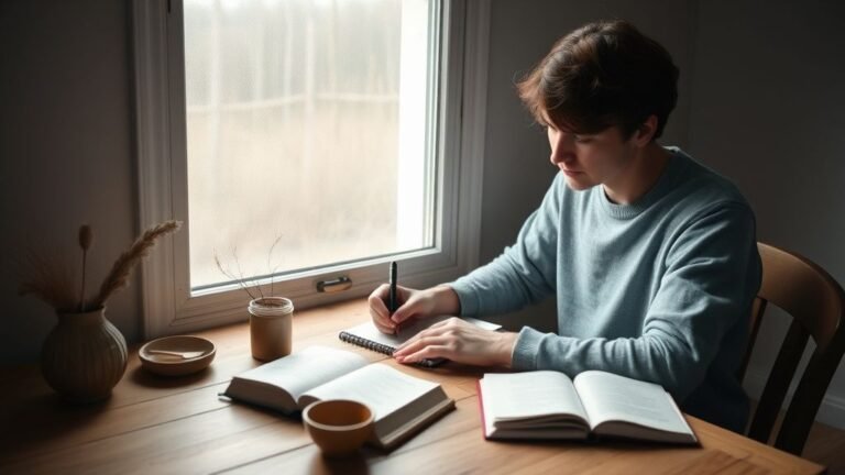 Personne écrivant dans un carnet près d’une fenêtre, lumière naturelle douce et ambiance calme