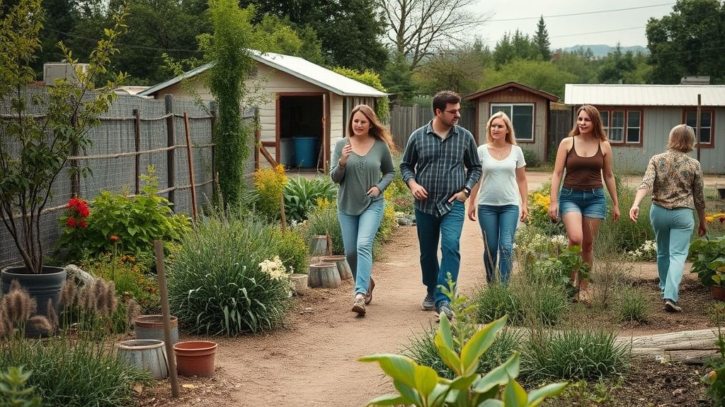 Petit groupe marchant dans un jardin partagé avec des plantes locales et des matériaux réemployés