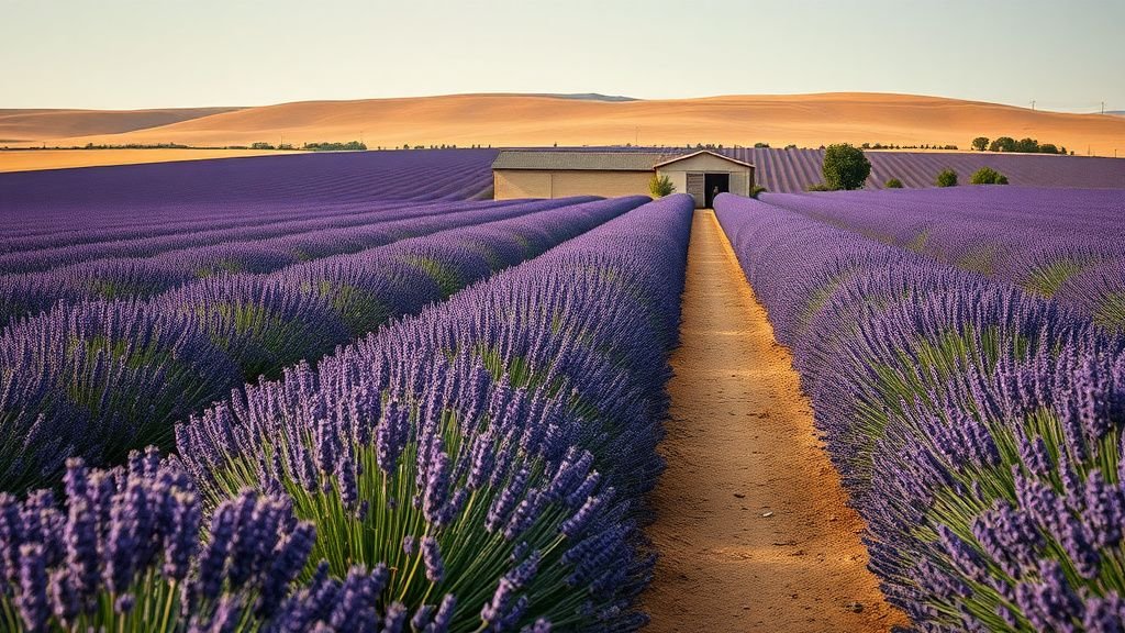 Champ provençal avec lavandes et bâtiment d’élevage au loin, sous une lumière naturelle douce