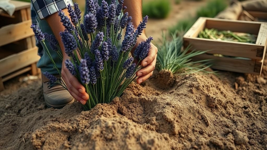 Mains d’agriculteur arrachant des plants de lavande dans un sol sec, en lumière naturelle