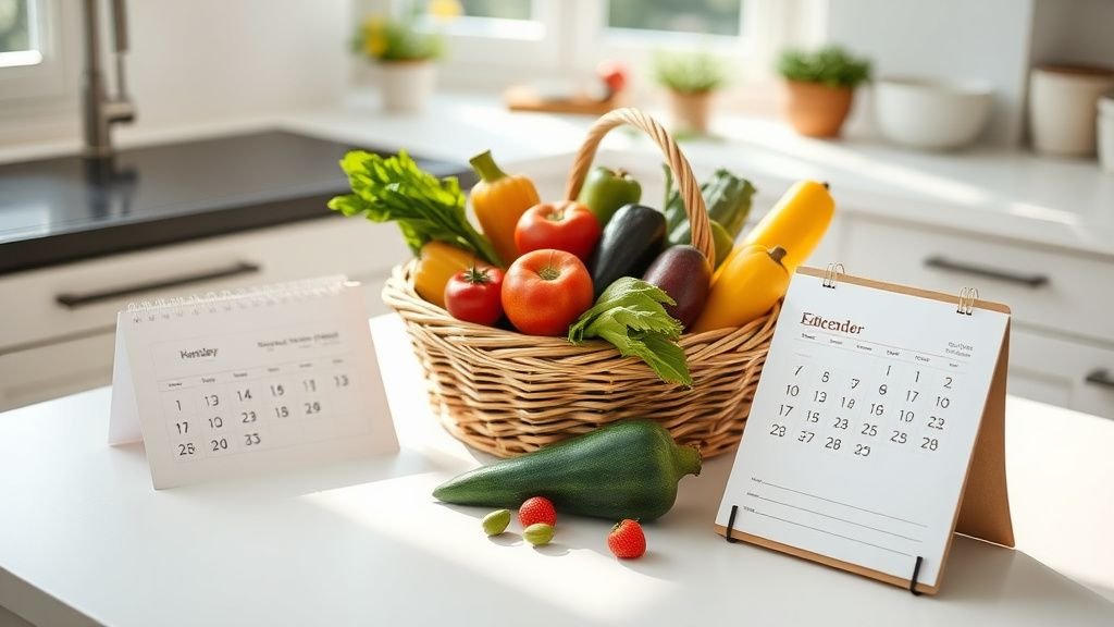 Table de cuisine lumineuse avec panier de fruits et légumes et calendrier papier ouvert