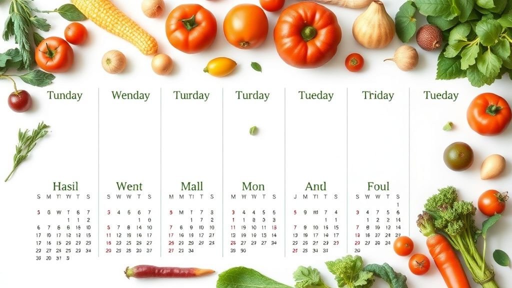 Calendrier mensuel illustré des fruits et légumes de saison, clair et coloré