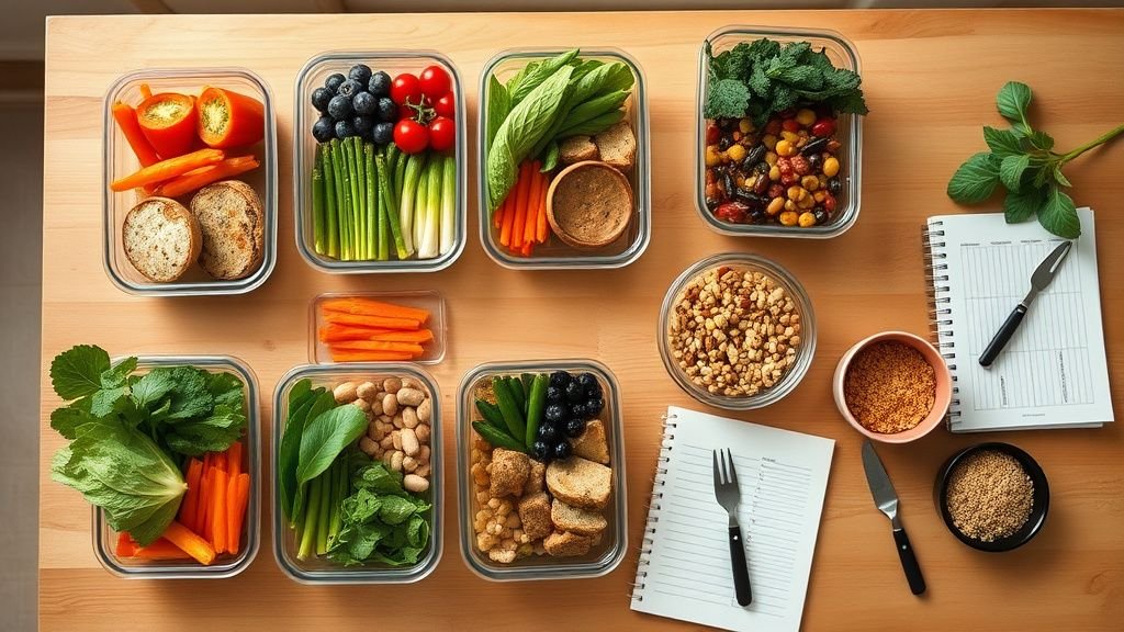 Table de cuisine vue de dessus avec sept repas préparés, légumes de saison, légumineuses et carnet de menu