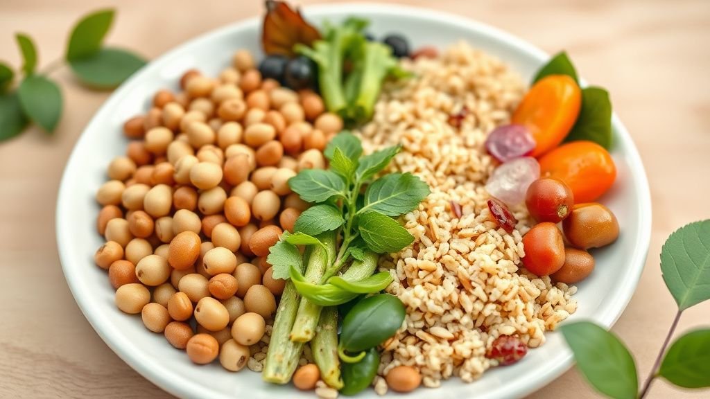 Assiette végétarienne équilibrée avec légumineuses, céréales complètes, légumes et fruits