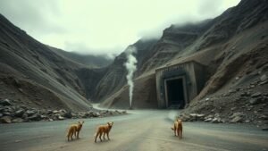 Site minier en montagne en Bolivie avec vapeur légère et chiens errants sous lumière naturelle
