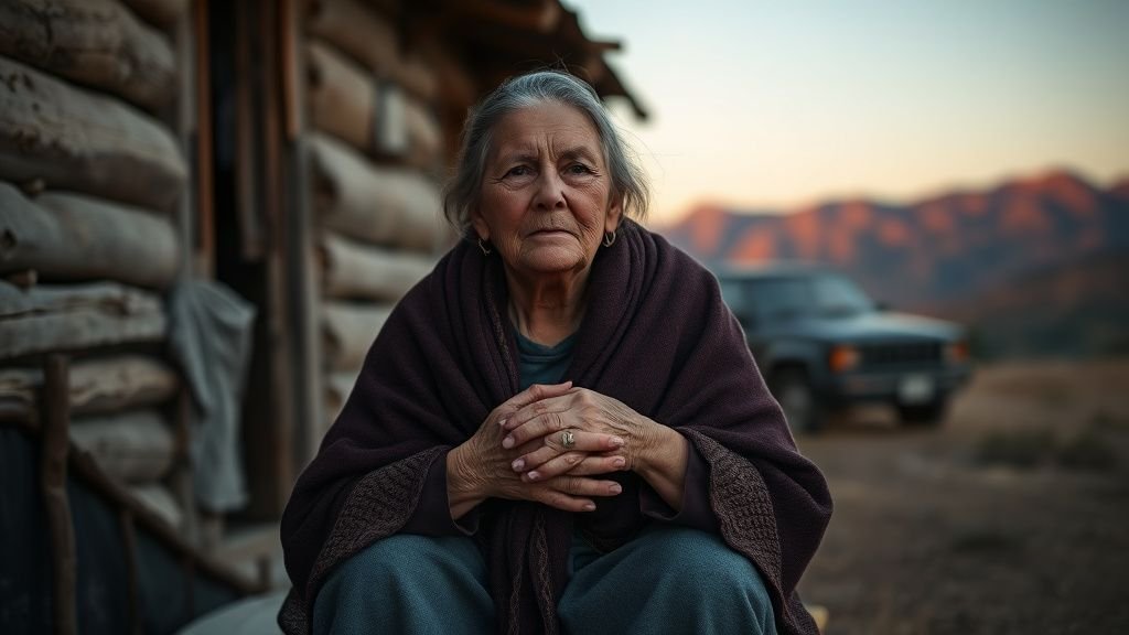 Veuve de mineur assise devant une maison modeste avec montagnes floues en arrière-plan