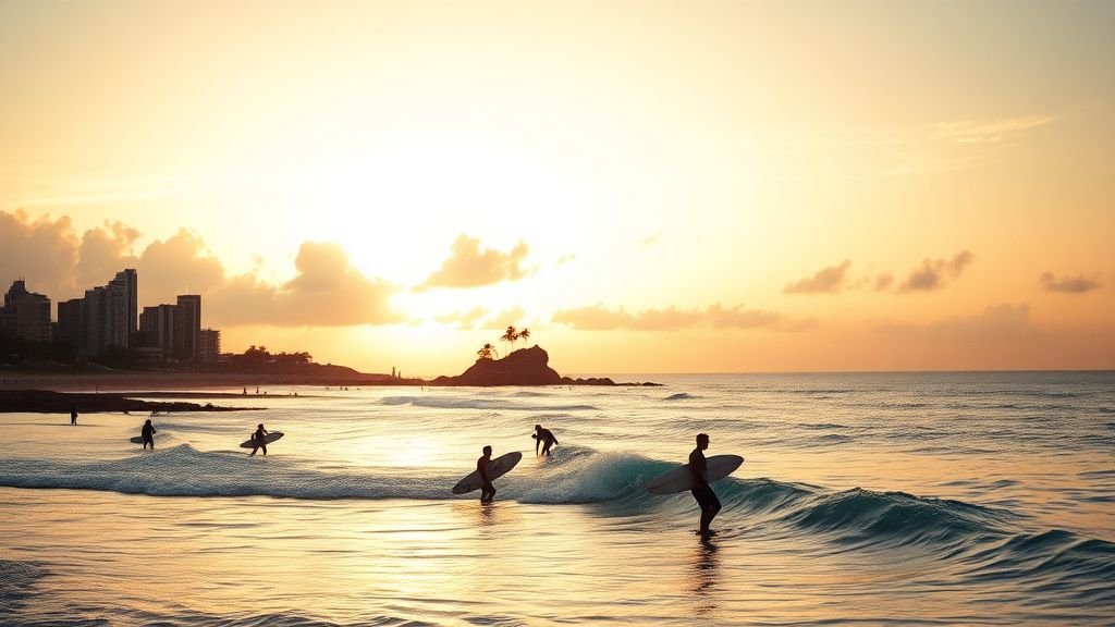 Surfeurs sur un littoral urbain au Sénégal avec une mer fragile et une lumière de fin de journée