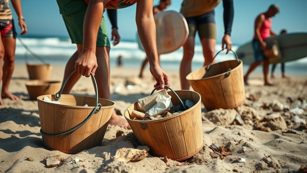 Volontaires et surfeurs ramassant des déchets sur une plage sous lumière naturelle