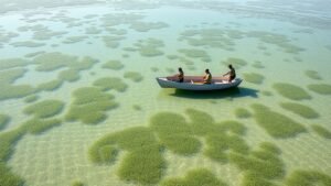 Conservationnistes semant des graines dans une lagune pour restaurer des prairies sous-marines