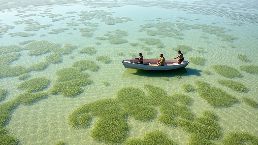 Conservationnistes semant des graines dans une lagune pour restaurer des prairies sous-marines