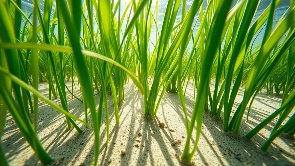 Herbier de zostères marines sous l’eau avec sable clair et petits poissons autour