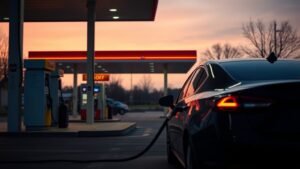 Station-service au crépuscule avec une voiture en plein plein de carburant, ambiance sobre et réaliste