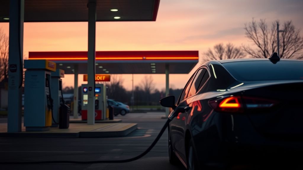Station-service au crépuscule avec une voiture en plein plein de carburant, ambiance sobre et réaliste