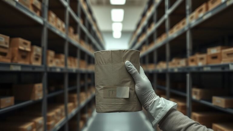 Mains gantées tenant un contenant neutre dans une réserve de musée, ambiance documentaire et lumière naturelle