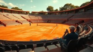 Court de tennis en terre battue sous une forte chaleur avec quelques spectateurs à l’ombre