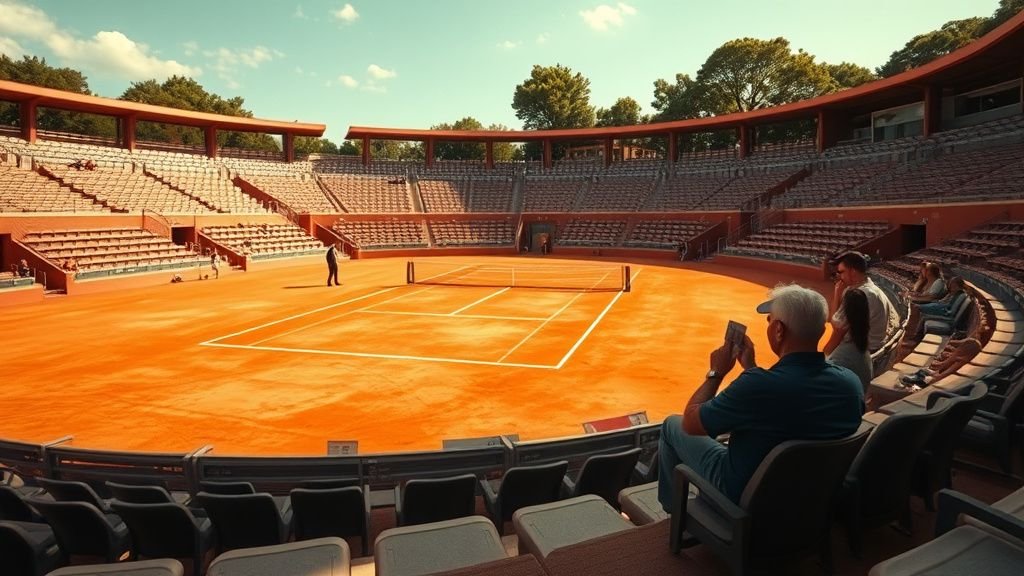 Court de tennis en terre battue sous une forte chaleur avec quelques spectateurs à l’ombre