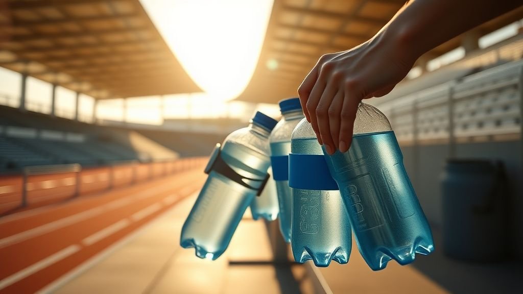Mains remplissant des gourdes réutilisables près d’un lieu sportif ombragé en période de chaleur