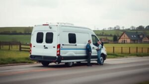 Véhicule médical mobile stationné dans une rue de campagne avec une soignante et un habitant