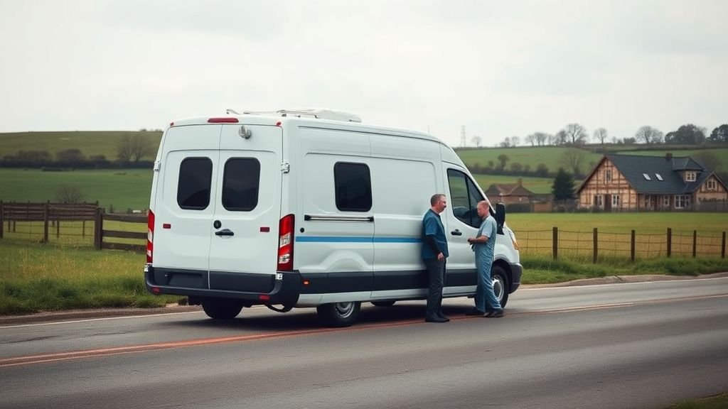 Véhicule médical mobile stationné dans une rue de campagne avec une soignante et un habitant