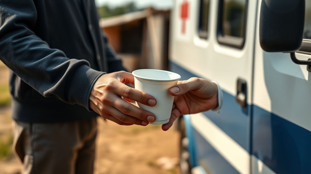 Mains échangeant un verre d’eau près d’un véhicule de soin mobile en zone rurale