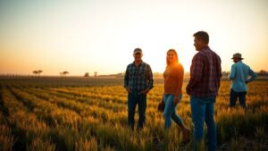 Groupe de citoyens dans un champ rural, observant une parcelle agricole sous lumière naturelle