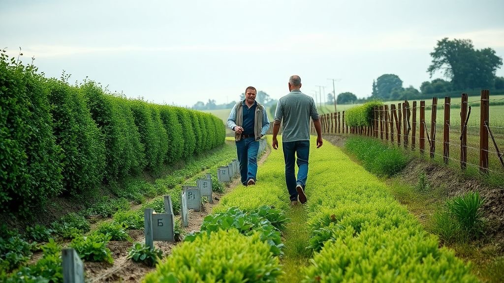 Agriculteur et citoyens marchant le long d’un champ bio avec haies et cultures variées