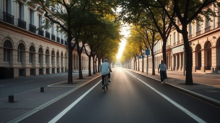 Cycliste sur une piste protégée en ville, avec un piéton et des arbres sous une lumière douce