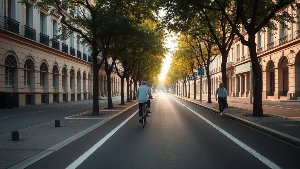 Cycliste sur une piste protégée en ville, avec un piéton et des arbres sous une lumière douce