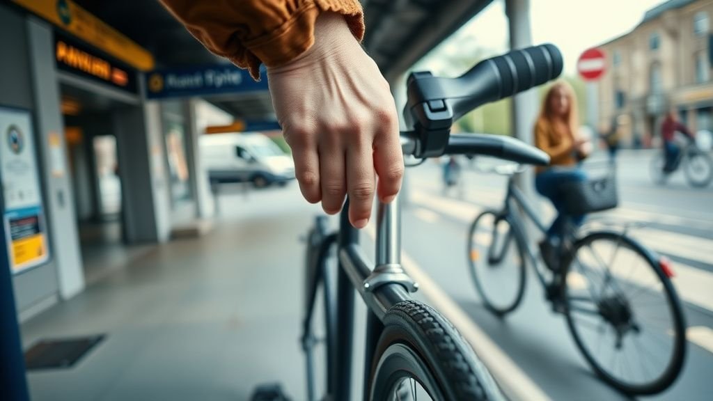 Mains attachant un vélo à un arceau près d’une gare, dans une ambiance urbaine naturelle