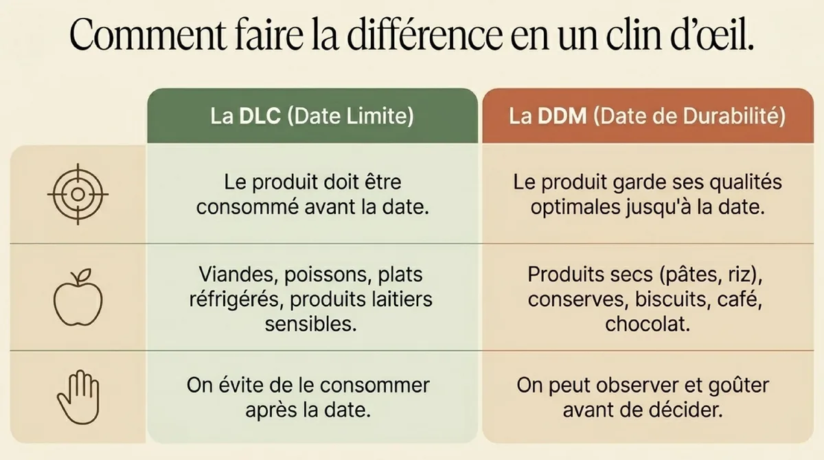 Infographie Quels aliments ne doivent jamais être consommés après la DLC ?