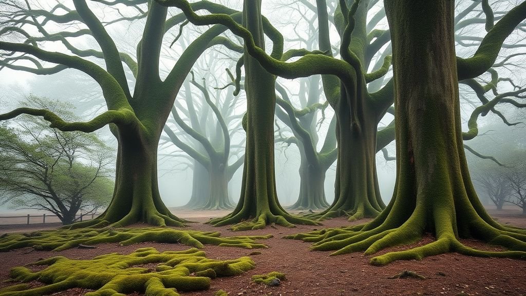 Arboretum ancien avec grands arbres rares, sol moussu et légère brume au matin