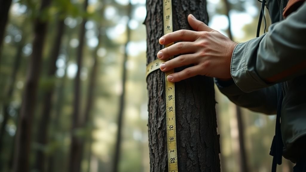 Mains de conservateur mesurant le tronc d’un grand arbre dans un sous-bois