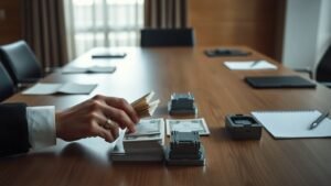 Mains anonymes sur une table avec des objets métalliques et des papiers neutres évoquant un budget militaire