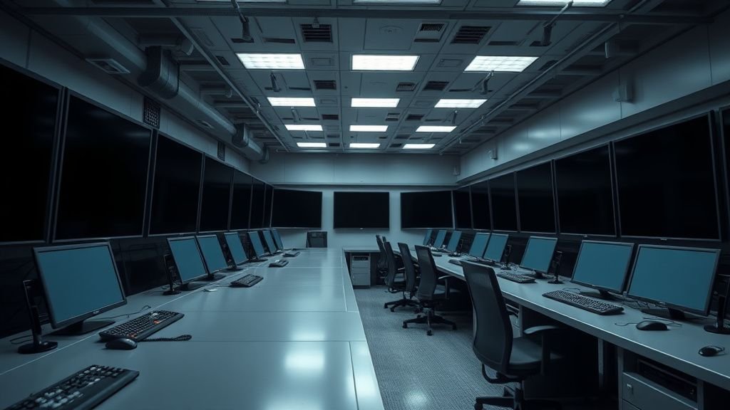 Salle de contrôle vide avec des écrans éteints et une lumière froide, ambiance industrielle sobre