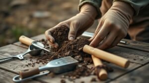 Mains examinant de la terre et des outils simples dans une ambiance agricole sous lumière naturelle