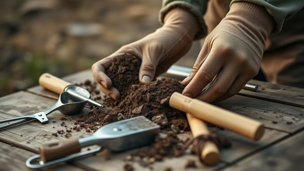 Mains examinant de la terre et des outils simples dans une ambiance agricole sous lumière naturelle