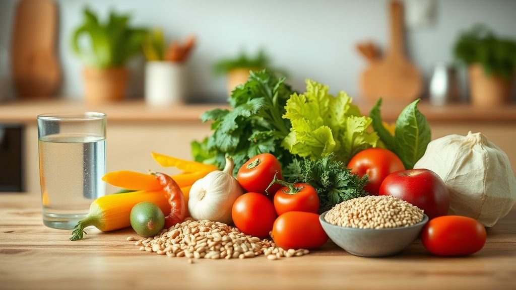 Légumes frais et céréales posés sur un plan de travail en bois sous lumière naturelle