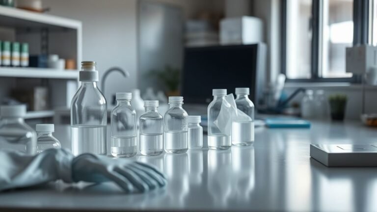 Plan de travail sobre avec matériel de laboratoire générique, évoquant les expositions industrielles et la santé