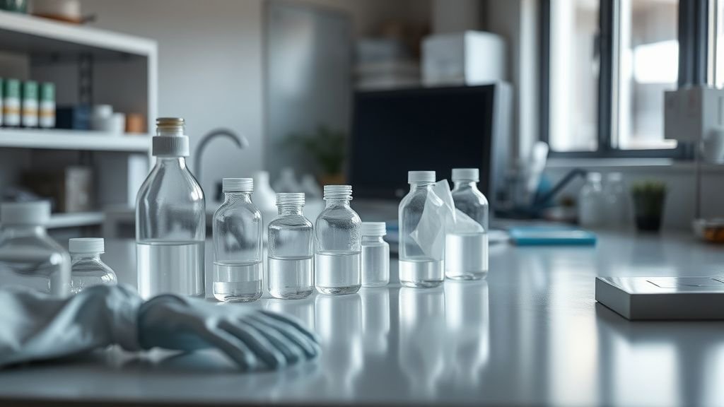 Plan de travail sobre avec matériel de laboratoire générique, évoquant les expositions industrielles et la santé