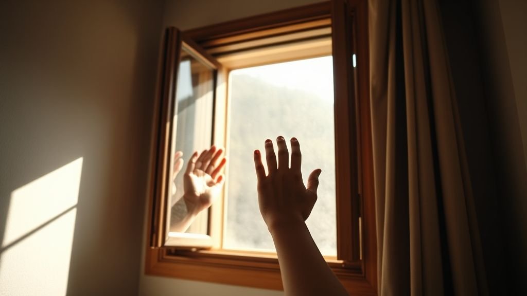 Mains ouvrant une fenêtre pour aérer une pièce, lumière naturelle et ambiance domestique sobre