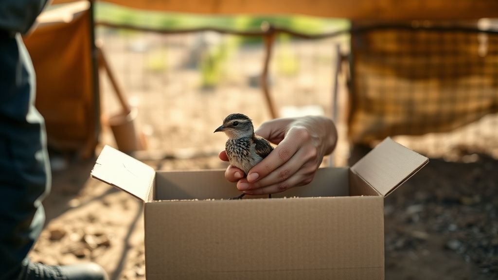 Main tenant un petit oiseau sauvage dans une boîte en carton à l’ombre pendant une canicule