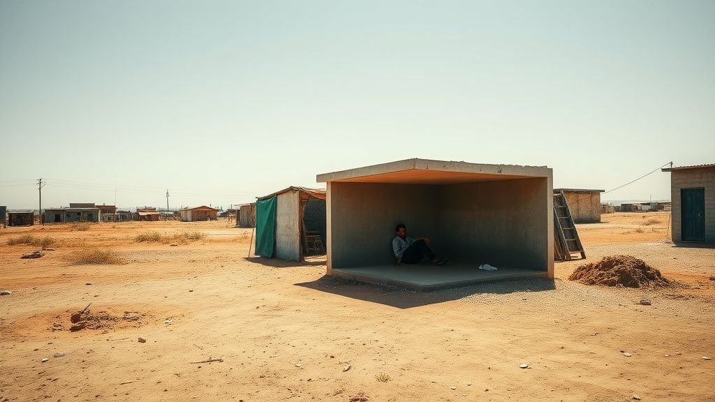 Saisonnier à l’ombre d’un abri précaire pendant une forte canicule, dans un campement improvisé